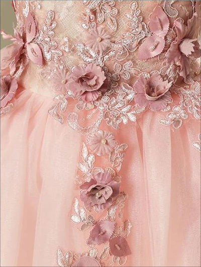 Girls Pink Off the Shoulder Floral Embroidered Pearl Tutu Flower Girl & Special Occasion Party Dress - Girls Spring Dressy Dress