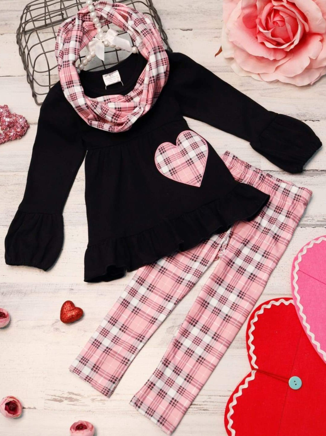 Toddler Valentine's Day Outfit | Plaid Heart Tunic Scarf & Legging Set