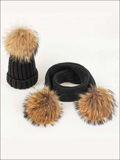 Girls Pom Pom Knitted Hat and Scarf - Black - Girls Hats