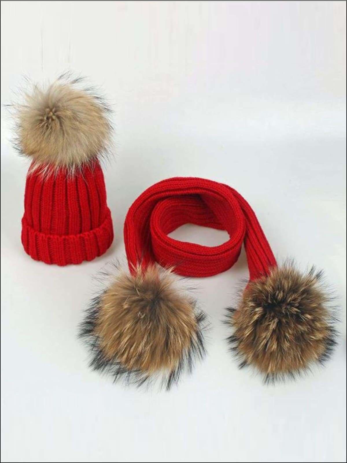 Girls Pom Pom Knitted Hat and Scarf - Red - Girls Hats