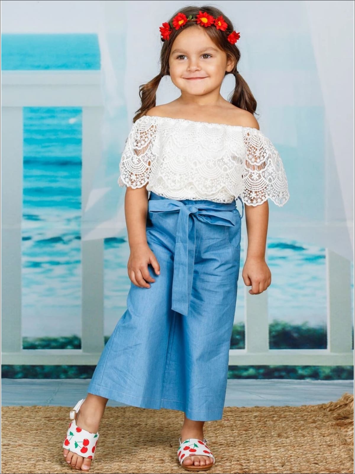 Girls Spring Outfits  Lace Shoulder Top And Chambray Palazzo