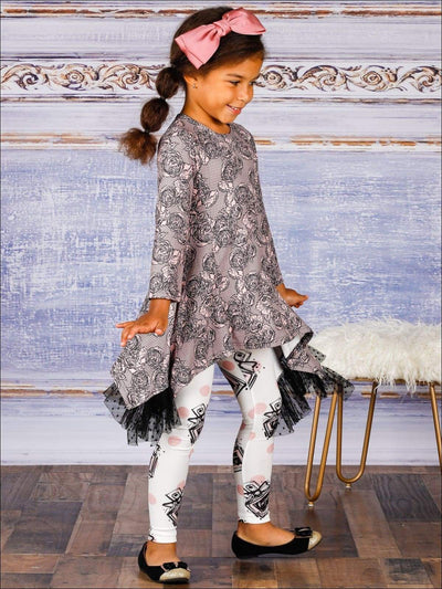 Girls Side Tail Lace Ruffled Tunic & Printed Leggings Set - Girls Fall Casual Set