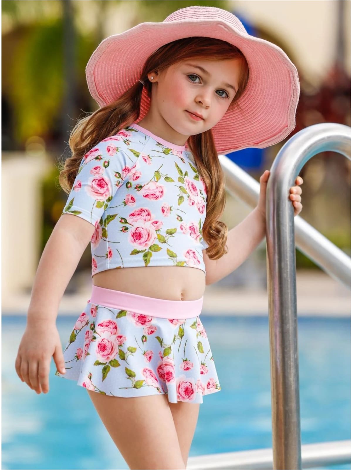Girl Two Piece Swimsuit Teenager Girls Short Sleeve Shirt And