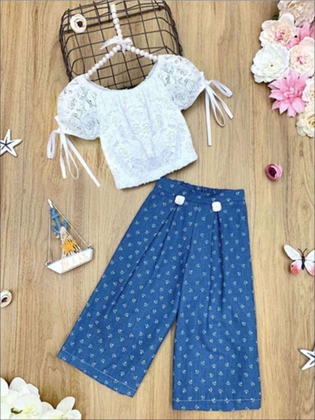 Girls Tie Sleeve Crop Top and Buttoned Palazzo Pants Set - Girls Spring Casual Set