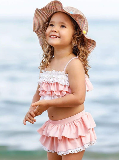 Girls Tiered Ruffled Eyelet Two Piece Swimsuit - Pink / 3T/4T - Girls Two Piece Swimsuit