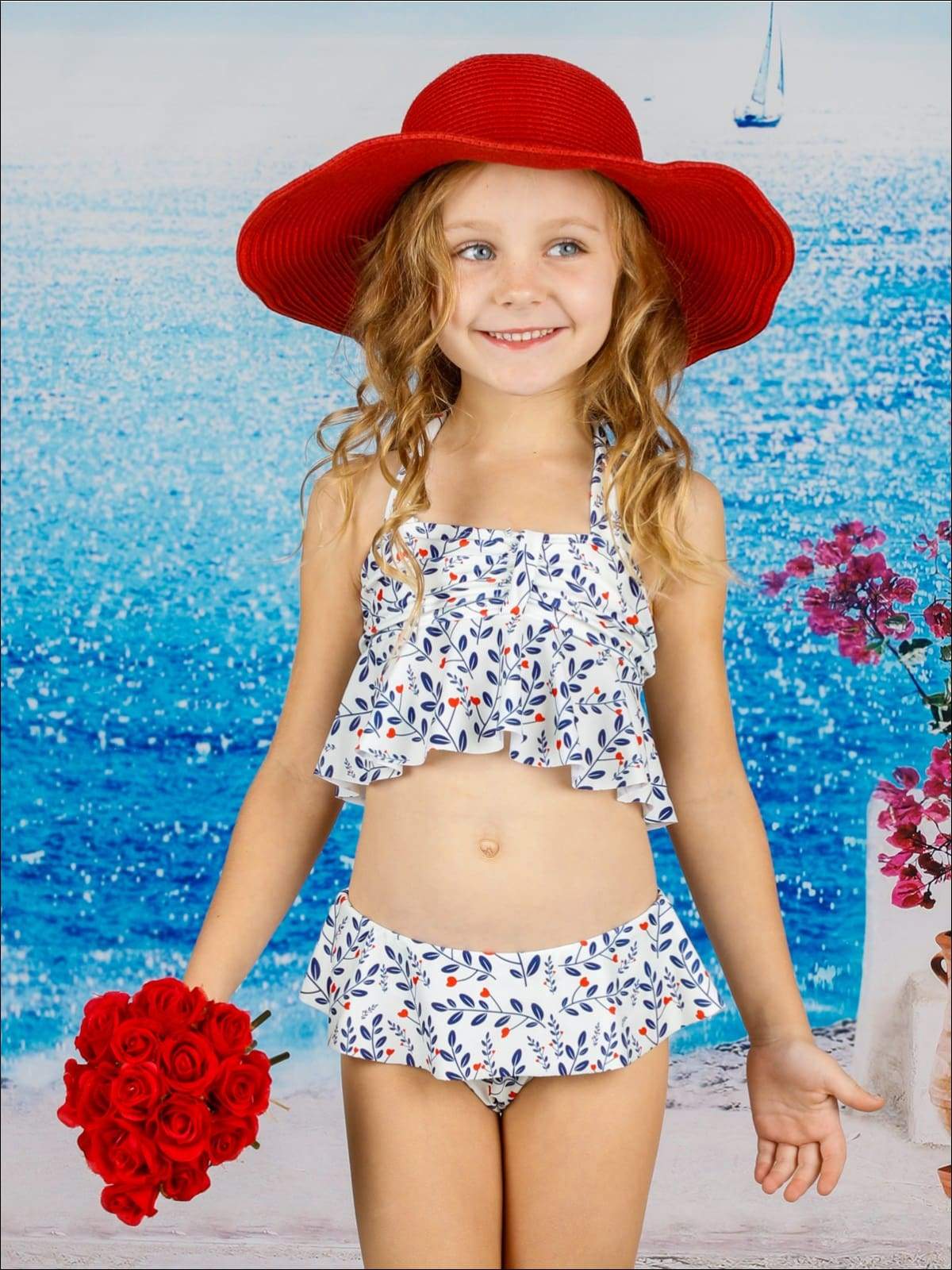 Kids Swimsuits | Girls Leaf Print Ruffled Halter Two Piece Swimsuit