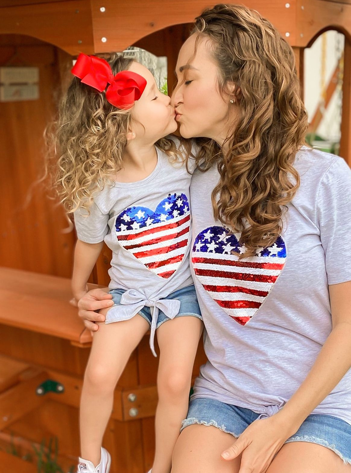 Mommy And Me Sequin US Flag Heart Knot Hem Top | Mia Belle Girls