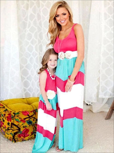 Mommy & Me Pink Blue & White Chevron Maxi Dress - Pink & Blue & White / Mom S - Mommy & Me Dress