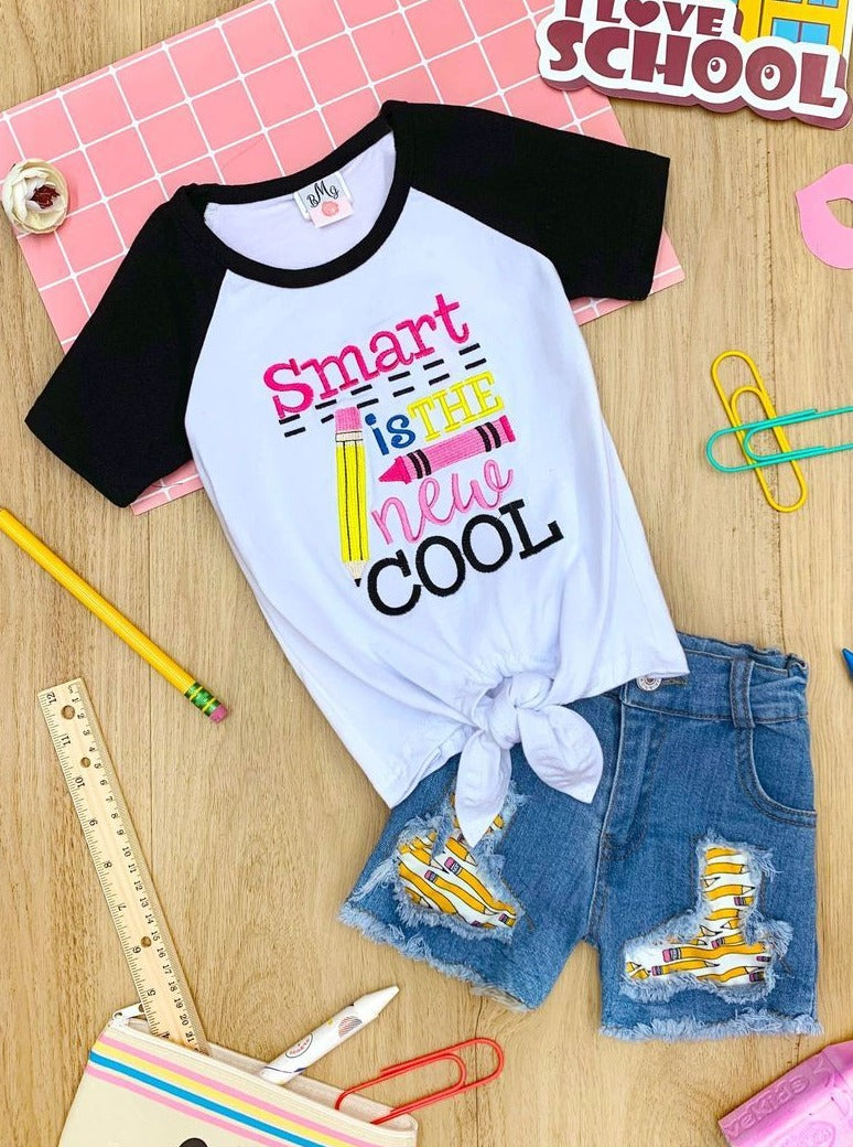 Little girls back to school "Smart Is The New Cool" raglan sleeve knot hem top and patched denim shorts - Mia Belle Girls