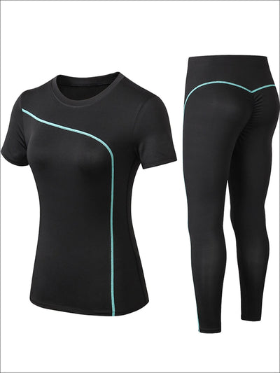 Womens Black Contrast Piping Workout Top & Leggings Set - Mint / S - Womens Activewear