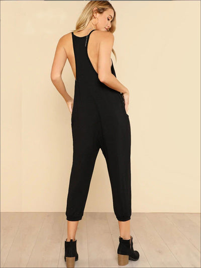 Womens Black V Neck Cami Jumpsuit With Side Pockets - Womens Jumpsuits