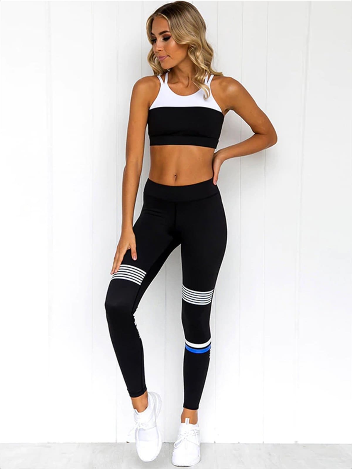 Women's Black And White Strappy Top And Striped Thigh Legging Set
