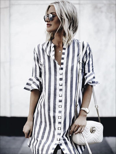 Womens Button Up Striped Tunic Blouse With Half Ruffle Sleeve - Womens Tops