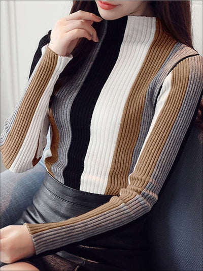 Womens Casual Knit Vertical Striped Sweater - Brown / S - Womens Fall Sweaters