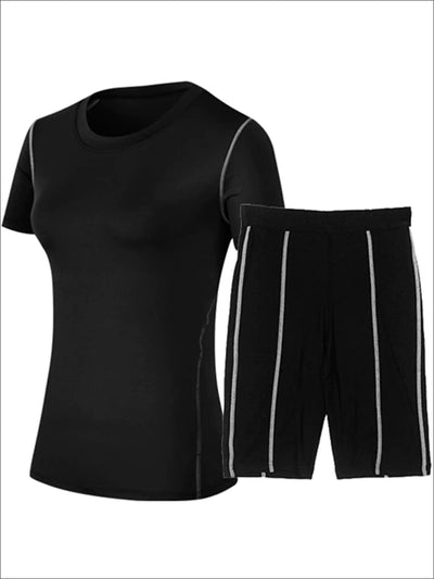 Womens Contrast Stitch Workout Top & Cycling Shorts Set - Black / S - Womens Activewear