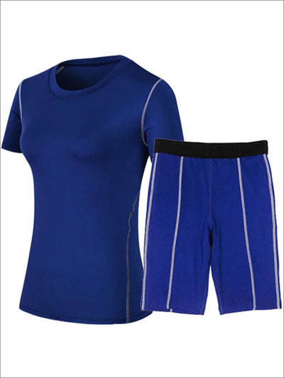 Womens Contrast Stitch Workout Top & Cycling Shorts Set - Blue / S - Womens Activewear
