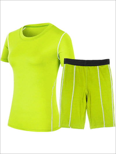 Womens Contrast Stitch Workout Top & Cycling Shorts Set - Green / S - Womens Activewear