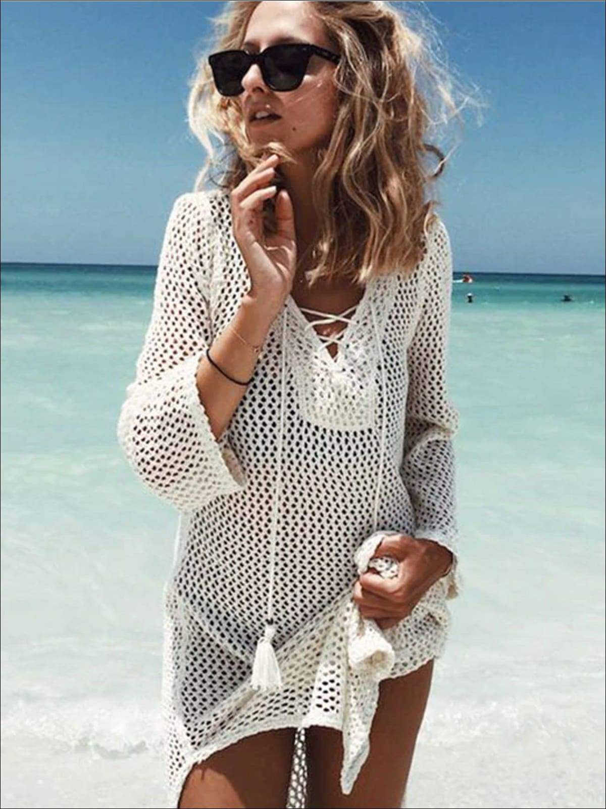 Womens Crochet Tassel Beach Cover Up - White / One Size - Womens Swimsuit