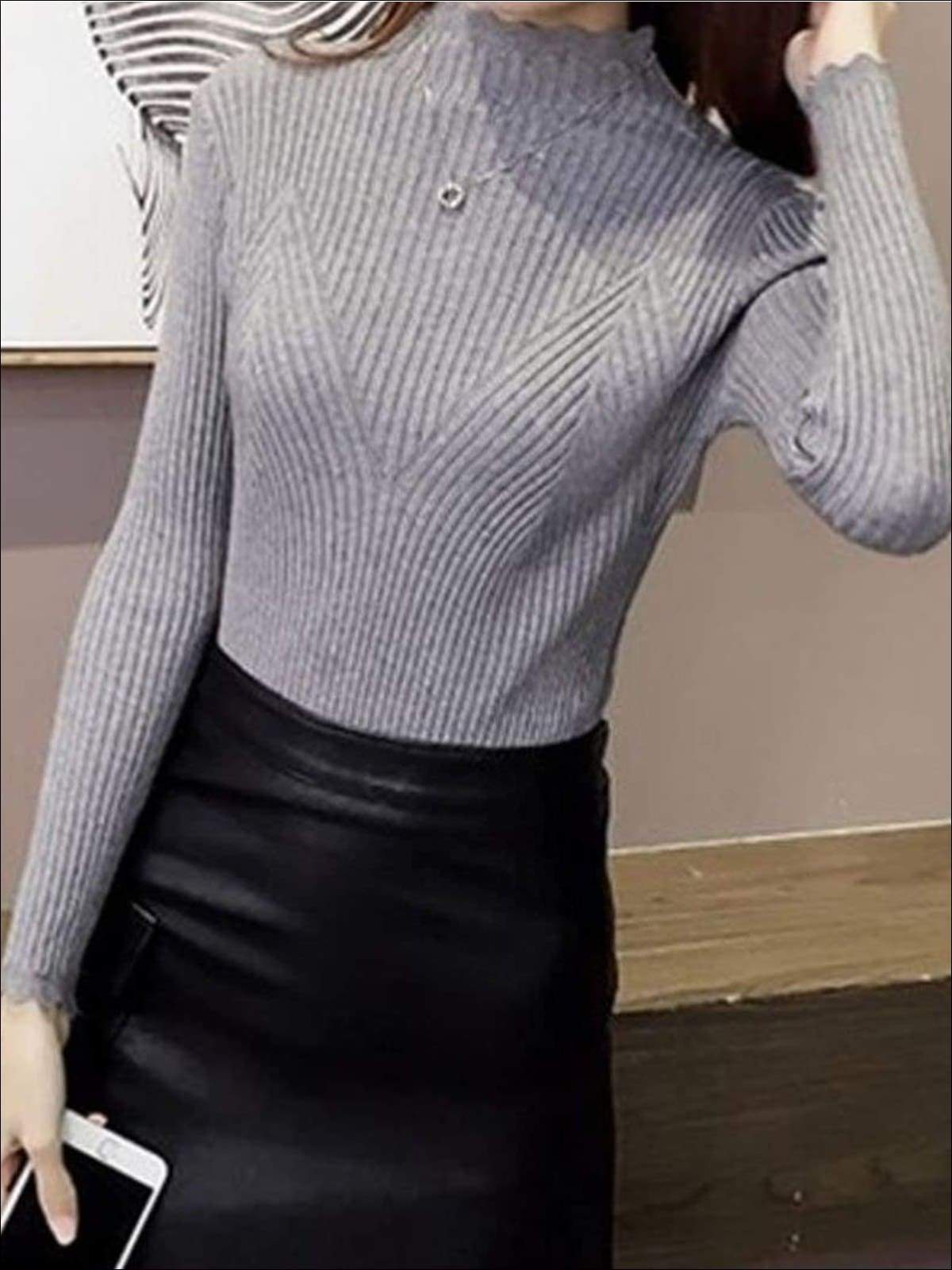 Womens Fall Trendy Knit Turtleneck Sweater - Gray / One Size - Womens Fall Sweaters