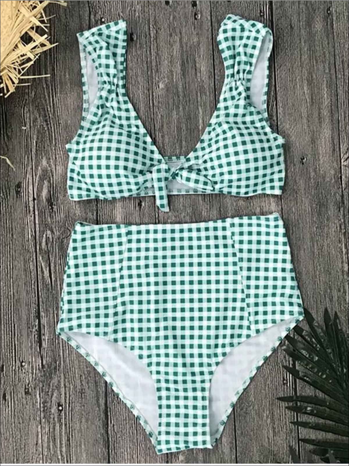 Womens Gingham High Waist Retro Two Piece Swimsuit - Green / S - Womens Swimsuit