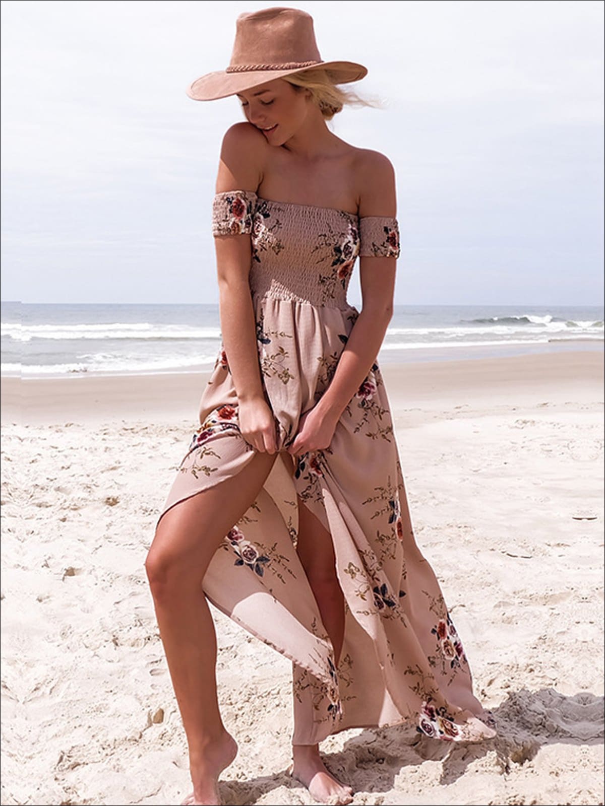 Women's Off Shoulder Floral Maxi Beach Dress with Side Slit