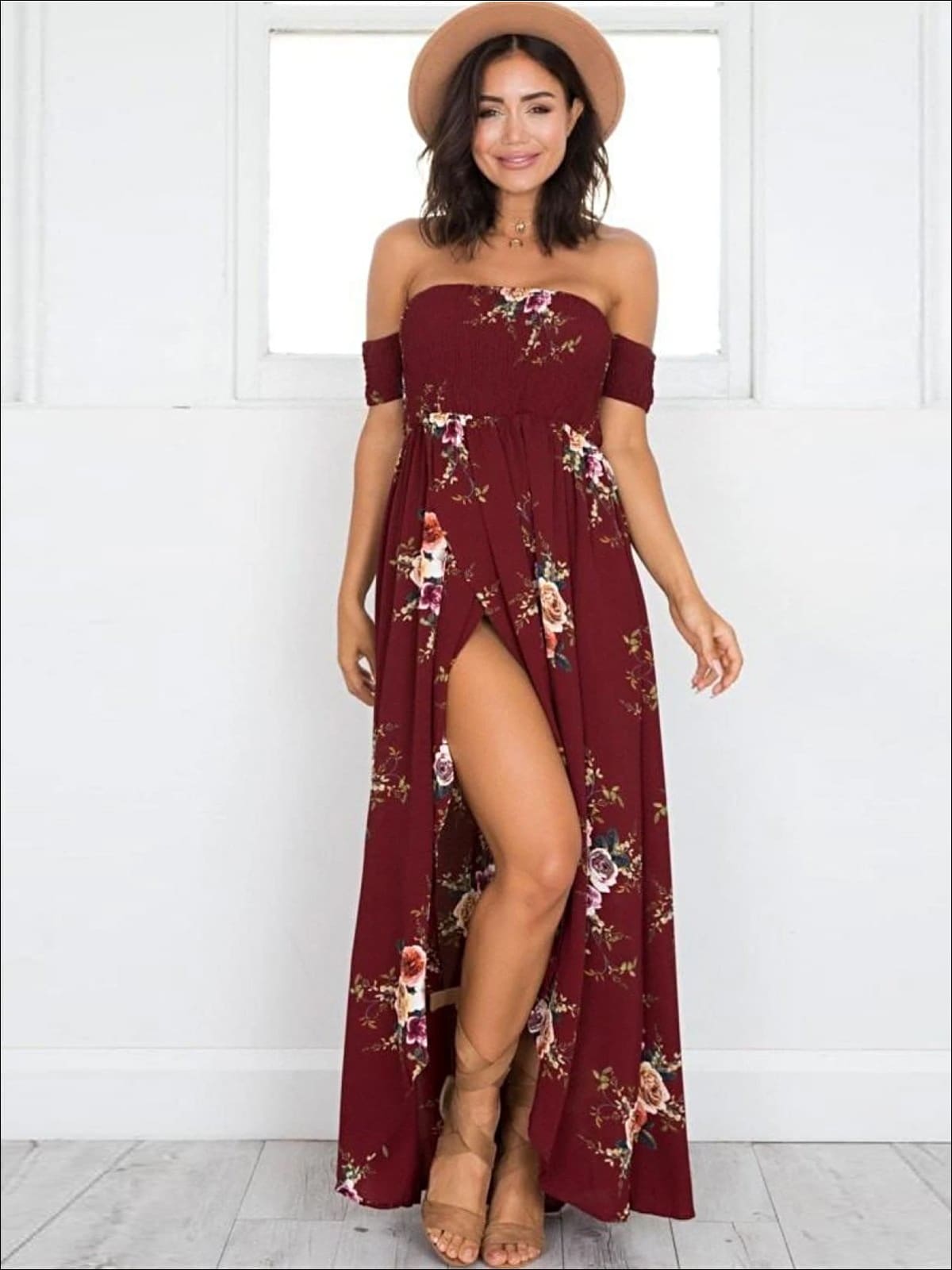 Women's Off Shoulder Wine Floral Beach Maxi Dress with Side Slit – Mia  Belle Girls