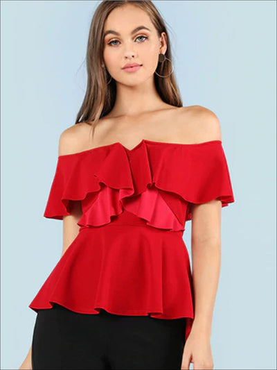 Womens Off The Shoulder Asymmetrical Peplum Blouse - Red / XS - Womens Tops