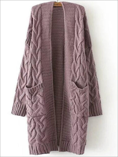 Womens Over-Sized Cable Knit Fall Cardigan with Side Pockets - Purple / One - Womens Fall Outerwear