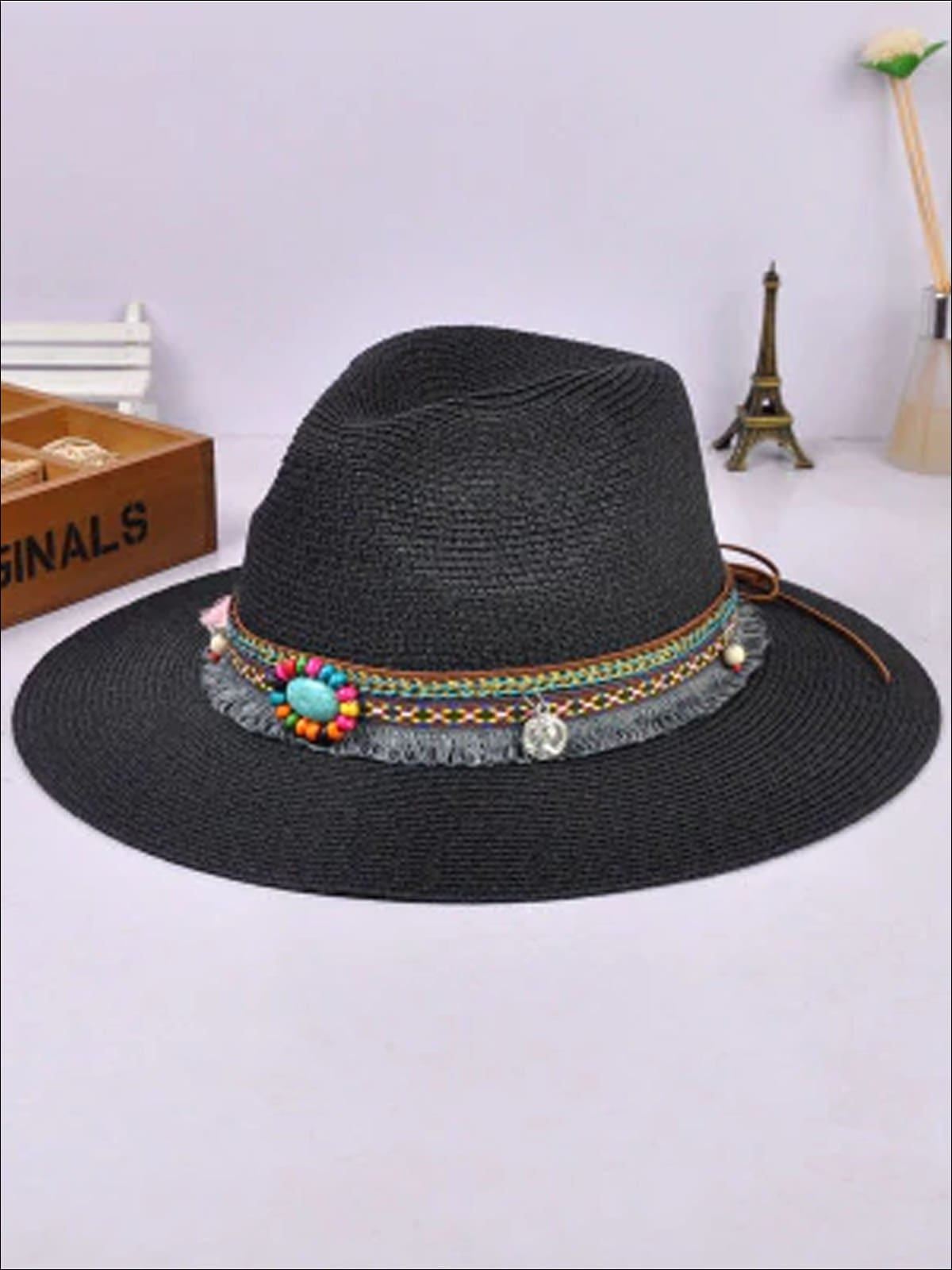 Womens Vintage Jazz Hat With Tribal Appliques - Black - Womens Accessories