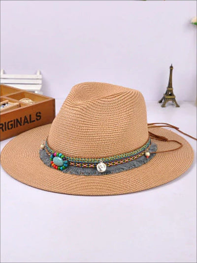 Womens Vintage Jazz Hat With Tribal Appliques - Brown - Womens Accessories