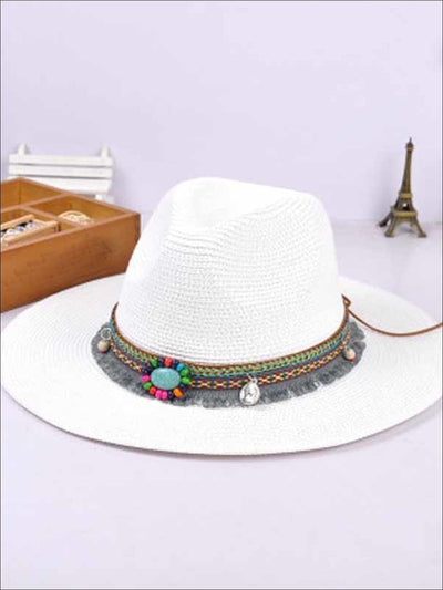 Womens Vintage Jazz Hat With Tribal Appliques - White - Womens Accessories