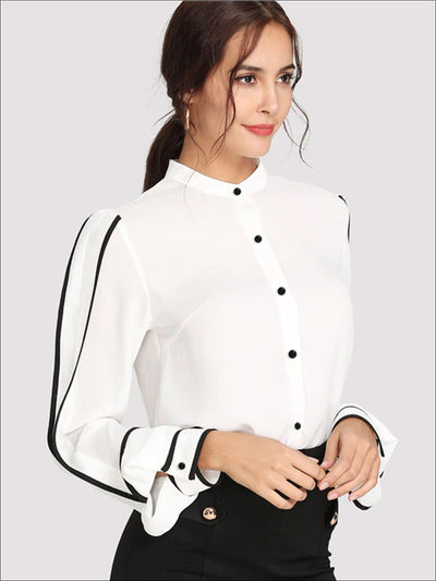 Womens White Button Up Long Sleeve Blouse - Womens Tops