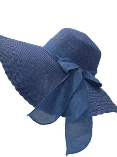Womens Wide Brim Floppy Hat With Large Ribbon - Navy Blue - Womens Accessories