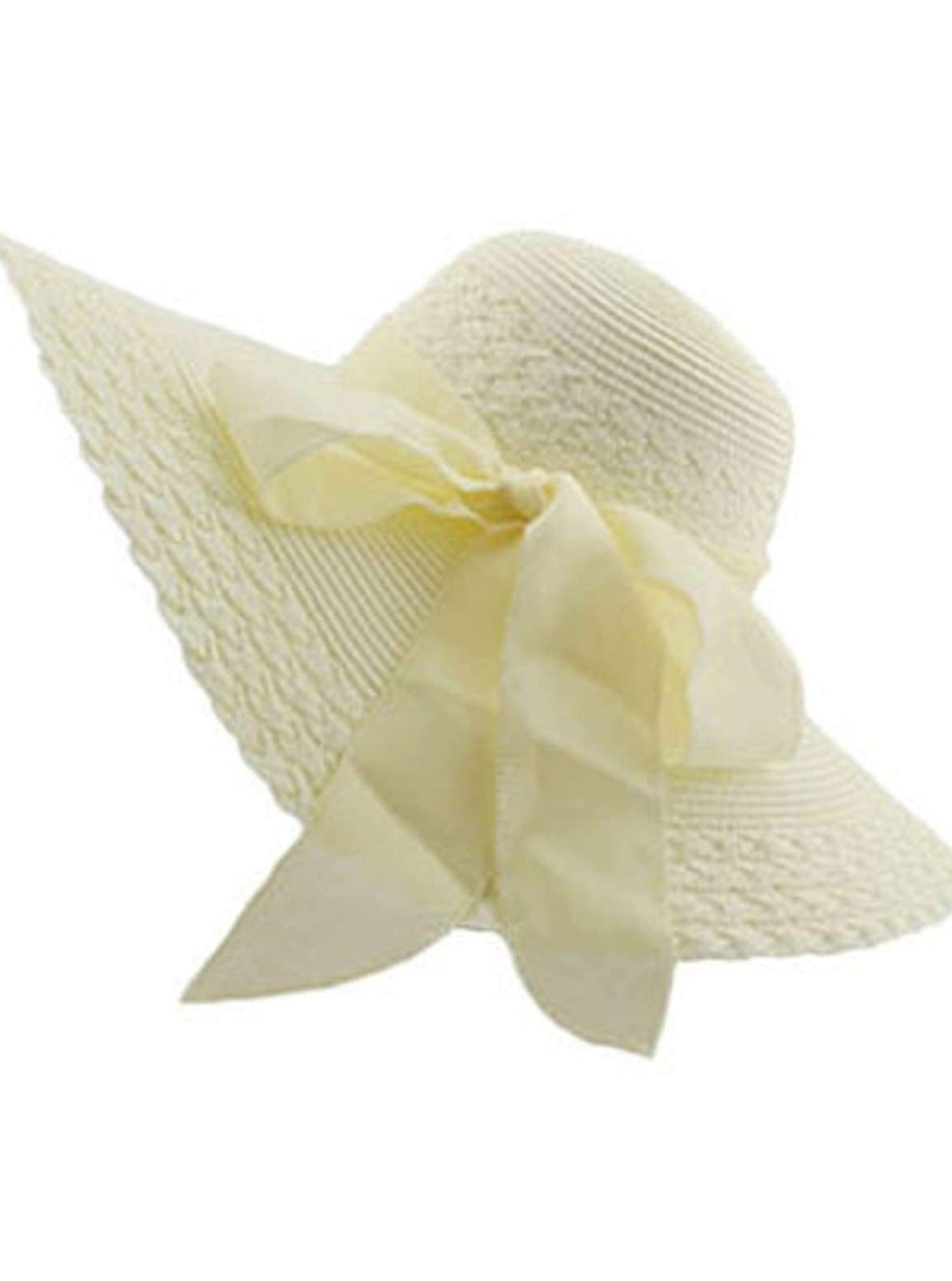Womens Wide Brim Floppy Hat With Large Ribbon - White - Womens Accessories