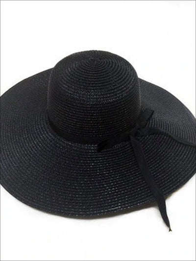 Womens Wide Brim Straw Hat With Black Ribbon - Black - Womens Accessories