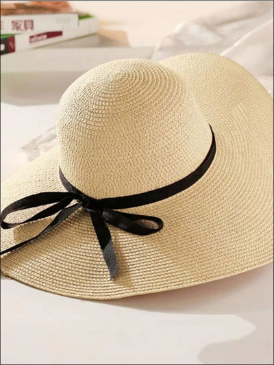 Womens Wide Brim Straw Hat With Black Ribbon - Beige - Womens Accessories