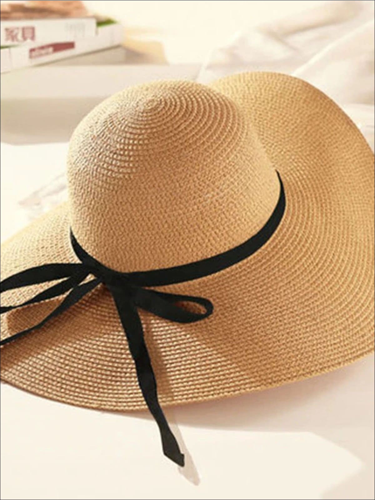 Womens Wide Brim Straw Hat With Black Ribbon - Brown - Womens Accessories