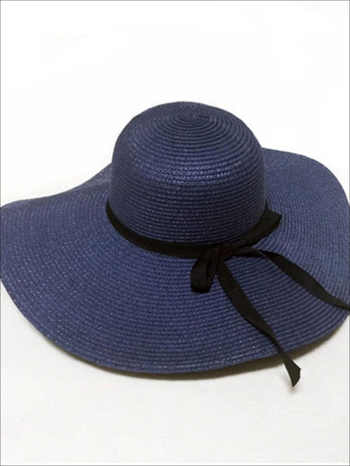 Womens Wide Brim Straw Hat With Black Ribbon - Navy - Womens Accessories
