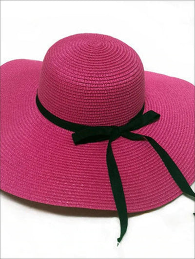 Womens Wide Brim Straw Hat With Black Ribbon - Pink - Womens Accessories