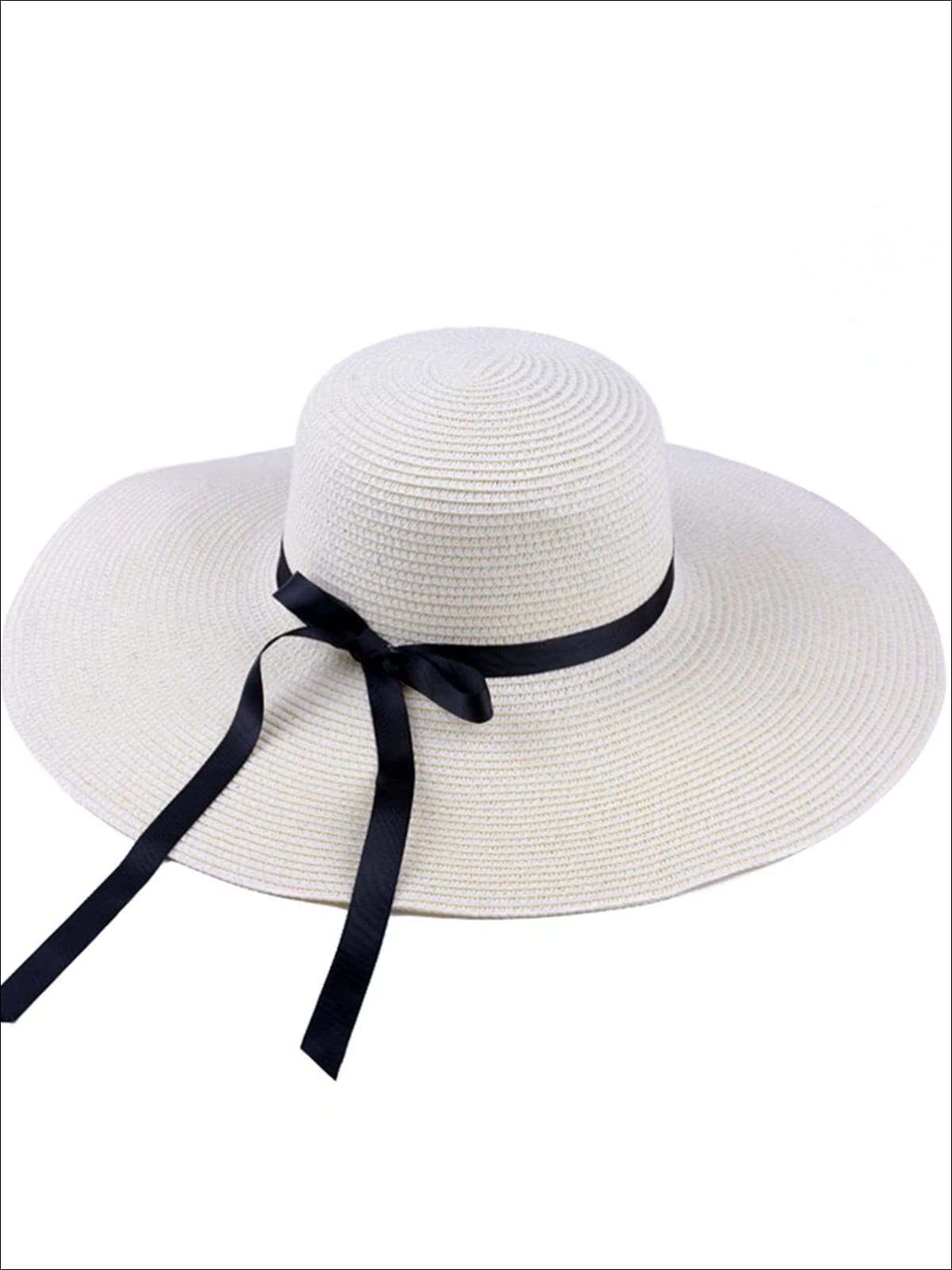 Womens Wide Brim Straw Hat With Black Ribbon - White - Womens Accessories