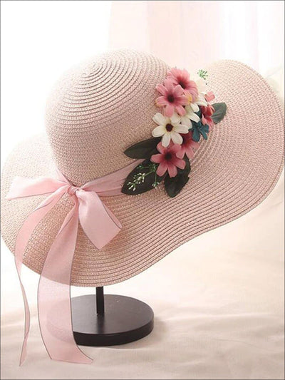 Womens Wide Brim Straw Hat with Flower Sash - Womens Accessories