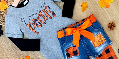 What's New at Mia Belle Girls: Hocus Pocus Top with Patched Denim Shorts and Plaid Legging Set