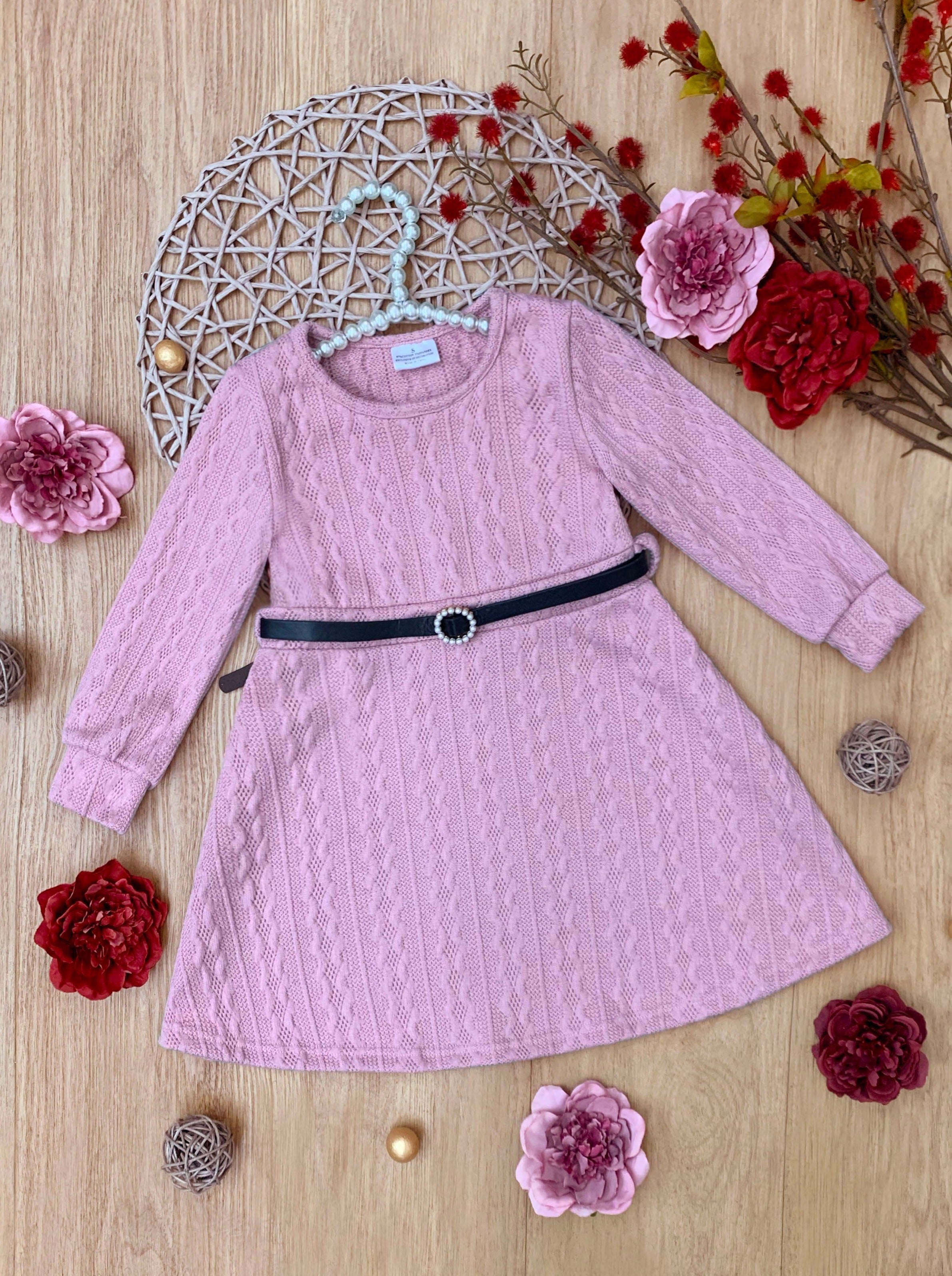 Pretty in Pink Cable Knit Belted Sweater Dress – Mia Belle Girls