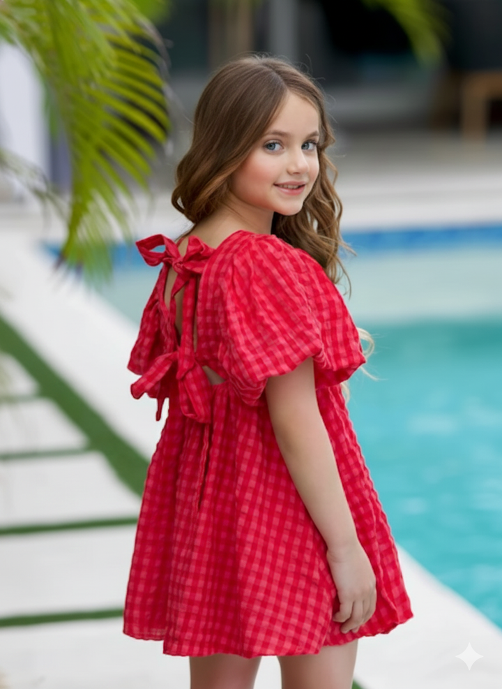 Gingham Puff Sleeve Aline Bow Dress