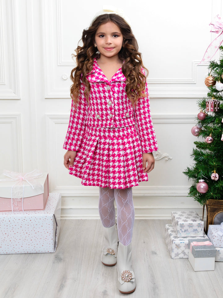 Pink Power Houndstooth Blazer And Pleated Skirt Set