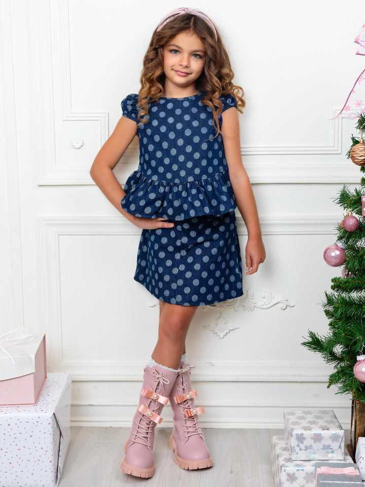 Polka Dot Peplum Denim Top and Skirt Set