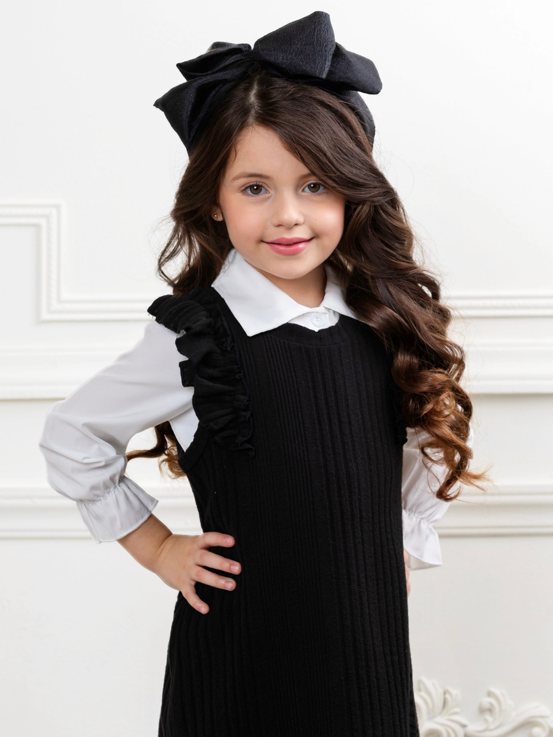 Black Ribbed Knit Ruffle Sleeve Dress with White Collar Shirt