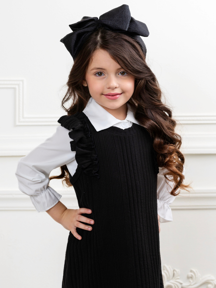 Black Ribbed Knit Ruffle Sleeve Dress with White Collar Shirt