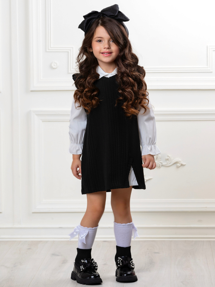 Black Ribbed Knit Ruffle Sleeve Dress with White Collar Shirt