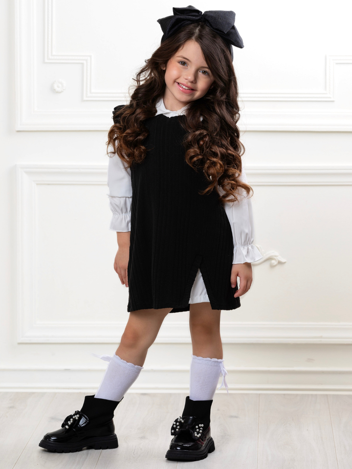 Black Ribbed Knit Ruffle Sleeve Dress with White Collar Shirt